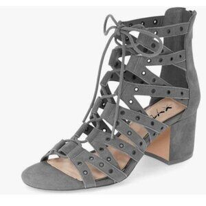 XYD Grey Gladiator Caged Block Heel Open Toe Grommets Straps Cutout Zip Sandals